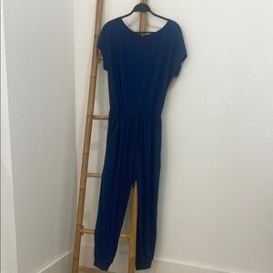 Navy Blue Jumpsuit with Short Sleeves and Tapered Legs